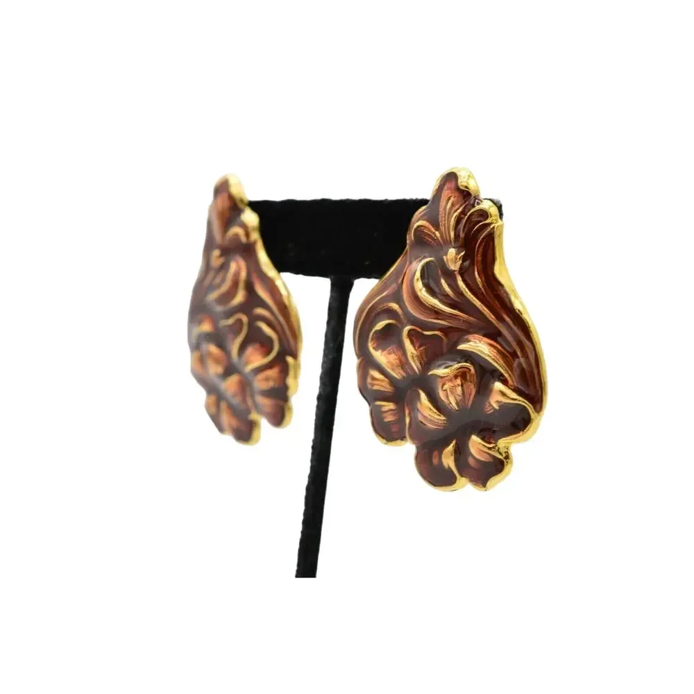 Vintage Statement Floral Abstract Enamel Earrings Brown Gold Chunky NOS 80s 9L